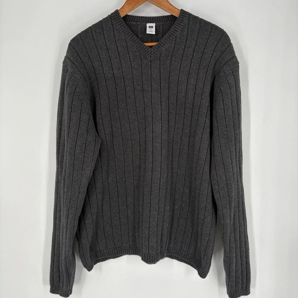 Vintage Y2K Mens Gap V Neck Cotton Sweater Size XL Gray Ribbed Retro Preppy‎